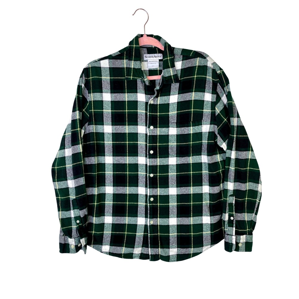 Seventh Avenue Mens Green Plaid Flannel Shirt Long Sleeve Cotton Button Up Large